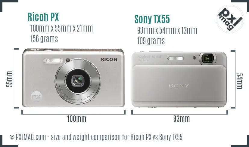 Ricoh PX vs Sony TX55 size comparison
