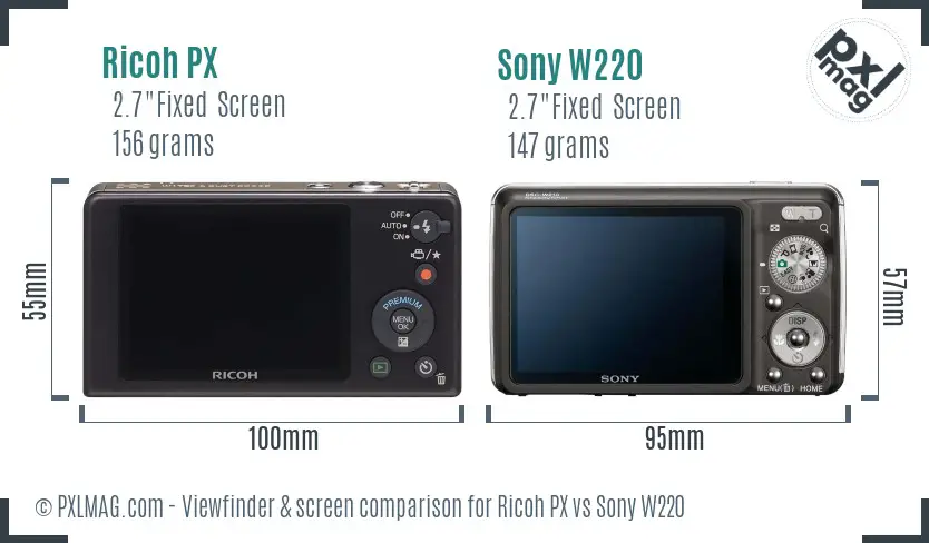 Ricoh PX vs Sony W220 Screen and Viewfinder comparison
