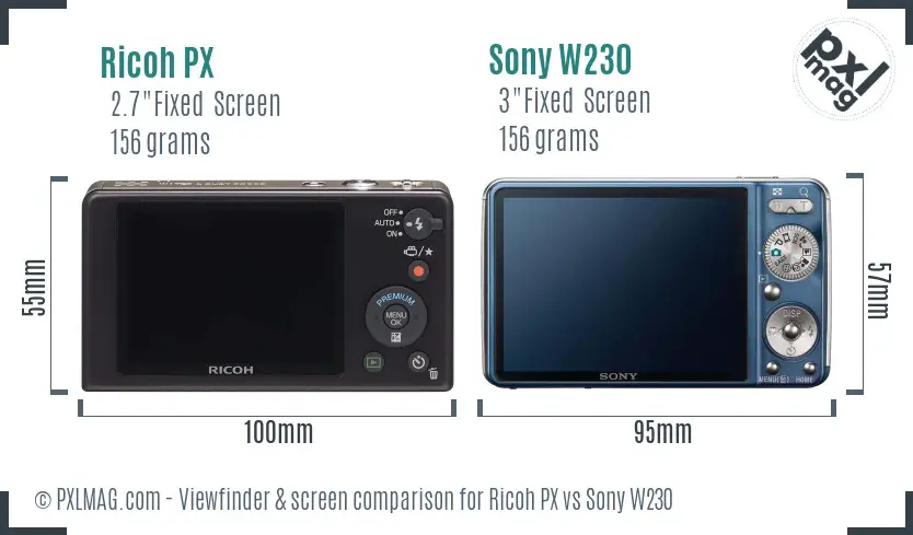 Ricoh PX vs Sony W230 Screen and Viewfinder comparison