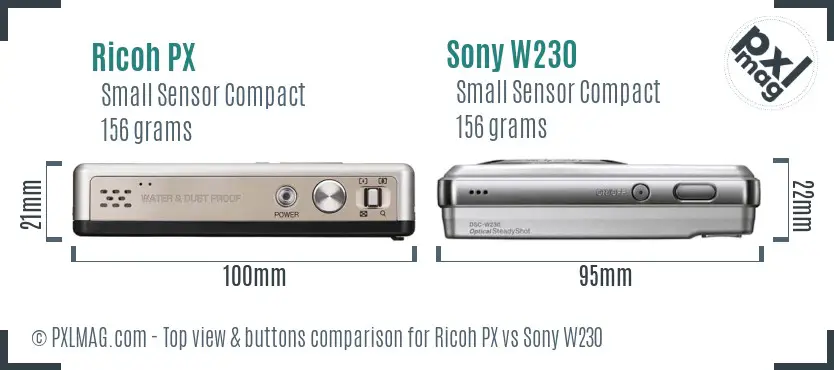 Ricoh PX vs Sony W230 top view buttons comparison