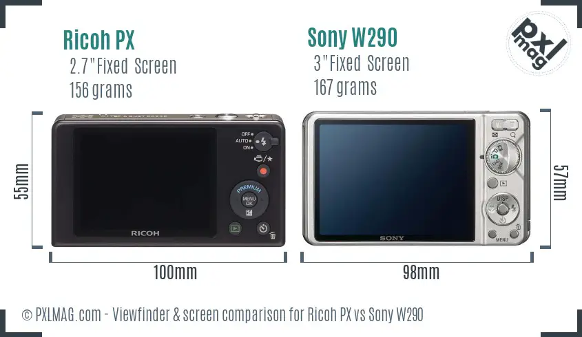 Ricoh PX vs Sony W290 Screen and Viewfinder comparison