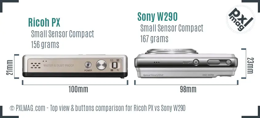 Ricoh PX vs Sony W290 top view buttons comparison