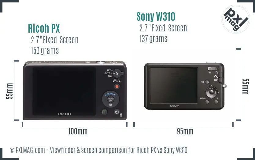 Ricoh PX vs Sony W310 Screen and Viewfinder comparison