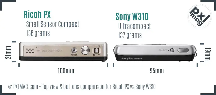 Ricoh PX vs Sony W310 top view buttons comparison