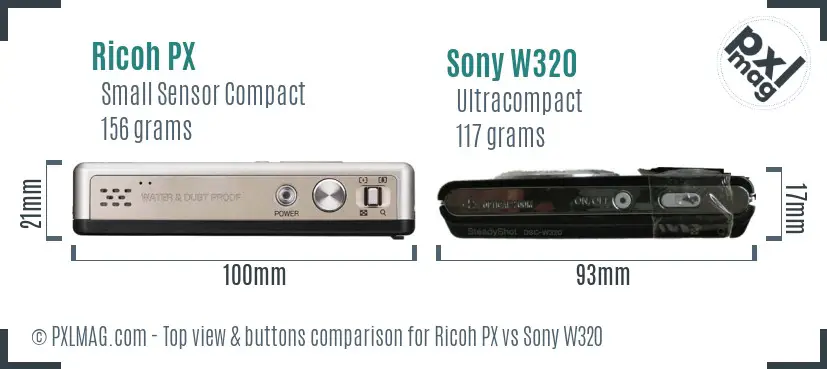 Ricoh PX vs Sony W320 top view buttons comparison