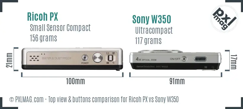 Ricoh PX vs Sony W350 top view buttons comparison