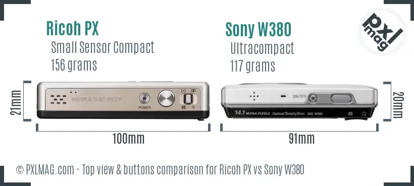 Ricoh PX vs Sony W380 top view buttons comparison