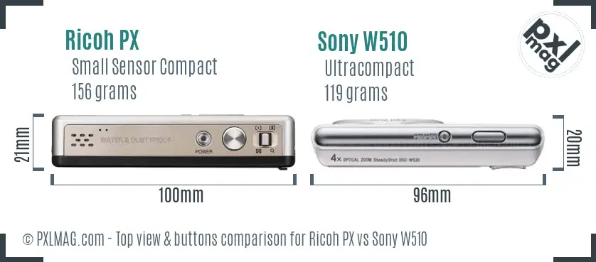 Ricoh PX vs Sony W510 top view buttons comparison