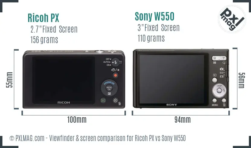 Ricoh PX vs Sony W550 Screen and Viewfinder comparison