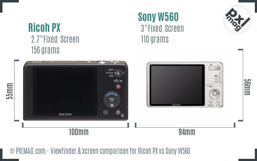 Ricoh PX vs Sony W560 Screen and Viewfinder comparison