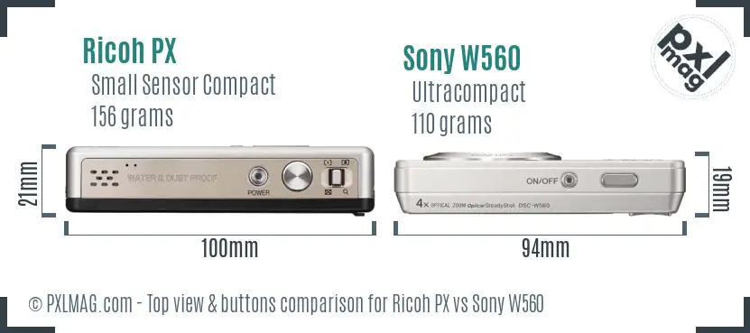 Ricoh PX vs Sony W560 top view buttons comparison