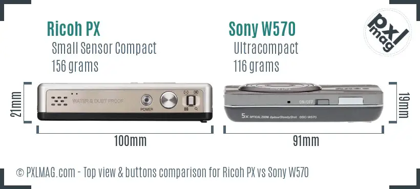 Ricoh PX vs Sony W570 top view buttons comparison