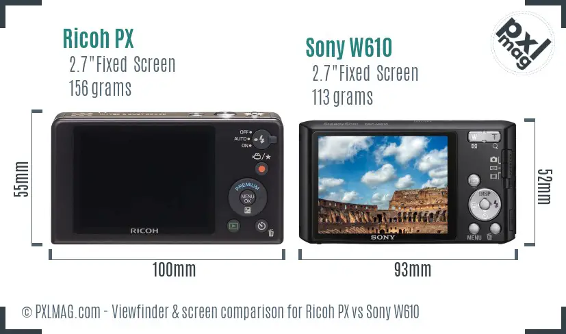 Ricoh PX vs Sony W610 Screen and Viewfinder comparison