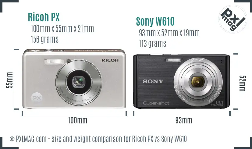 Ricoh PX vs Sony W610 size comparison