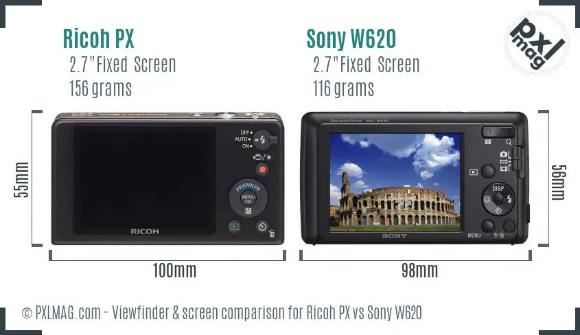 Ricoh PX vs Sony W620 Screen and Viewfinder comparison