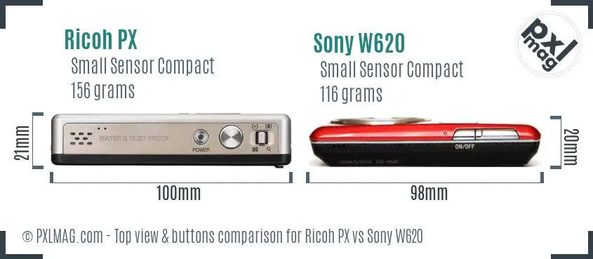 Ricoh PX vs Sony W620 top view buttons comparison