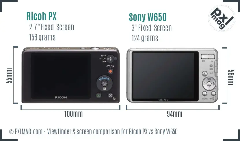 Ricoh PX vs Sony W650 Screen and Viewfinder comparison