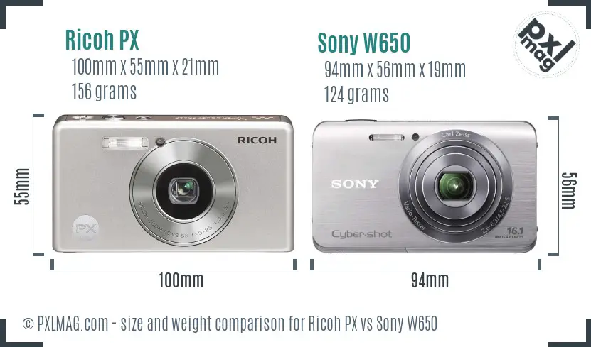 Ricoh PX vs Sony W650 size comparison