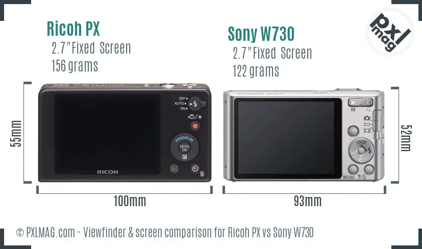 Ricoh PX vs Sony W730 Screen and Viewfinder comparison