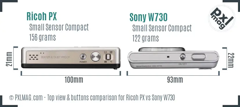 Ricoh PX vs Sony W730 top view buttons comparison