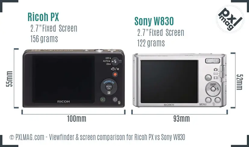 Ricoh PX vs Sony W830 Screen and Viewfinder comparison