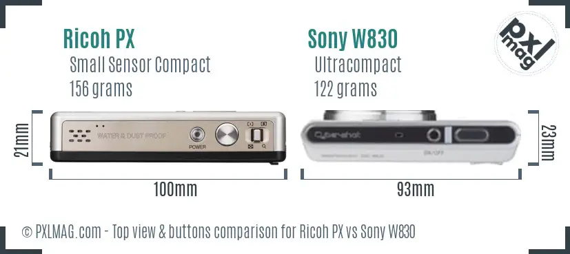 Ricoh PX vs Sony W830 top view buttons comparison