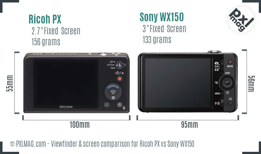 Ricoh PX vs Sony WX150 Screen and Viewfinder comparison