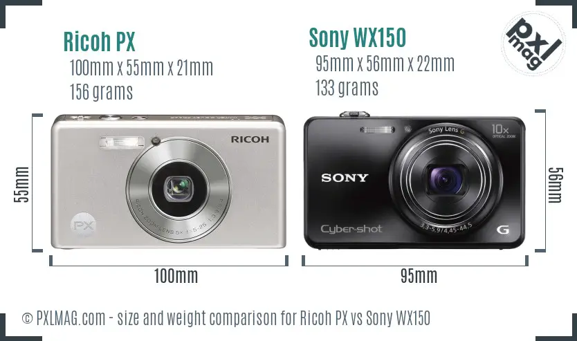 Ricoh PX vs Sony WX150 size comparison