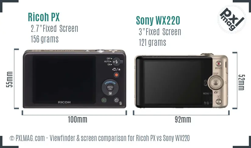 Ricoh PX vs Sony WX220 Screen and Viewfinder comparison