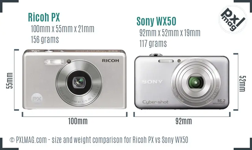 Ricoh PX vs Sony WX50 size comparison