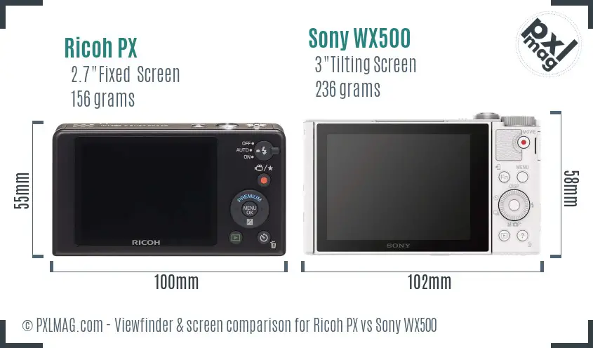 Ricoh PX vs Sony WX500 Screen and Viewfinder comparison