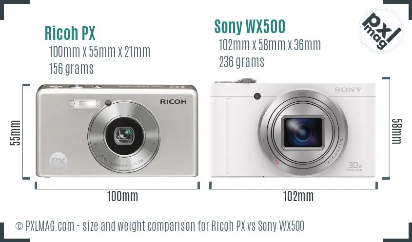 Ricoh PX vs Sony WX500 size comparison