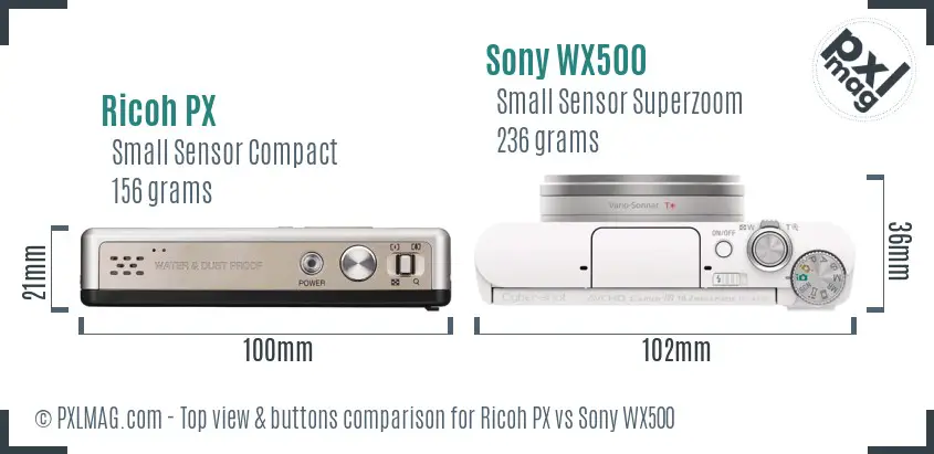 Ricoh PX vs Sony WX500 top view buttons comparison