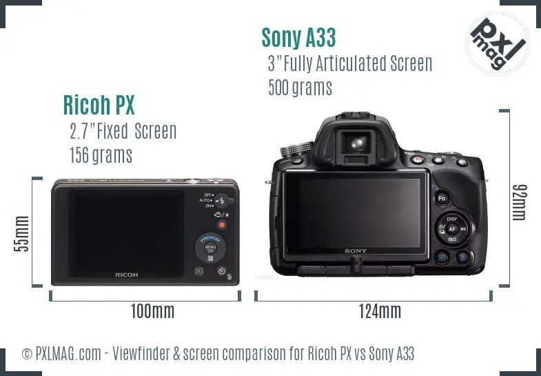 Ricoh PX vs Sony A33 Screen and Viewfinder comparison