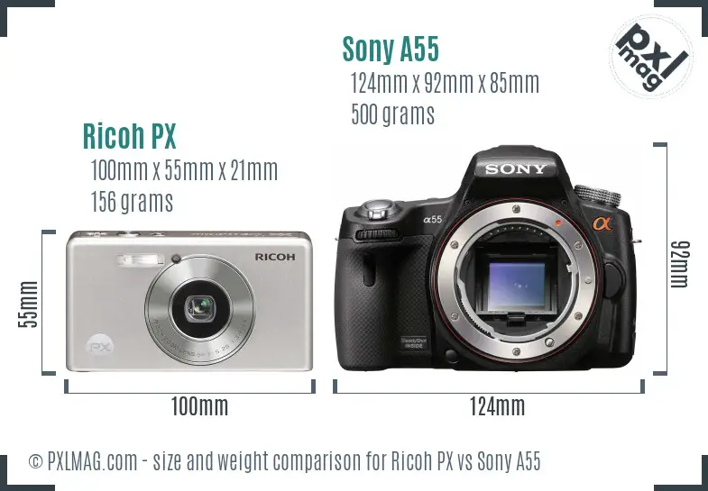 Ricoh PX vs Sony A55 size comparison