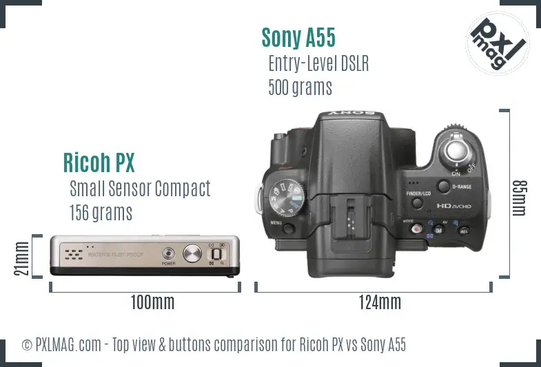 Ricoh PX vs Sony A55 top view buttons comparison