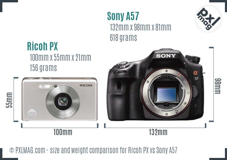 Ricoh PX vs Sony A57 size comparison