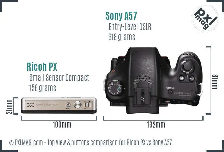 Ricoh PX vs Sony A57 top view buttons comparison