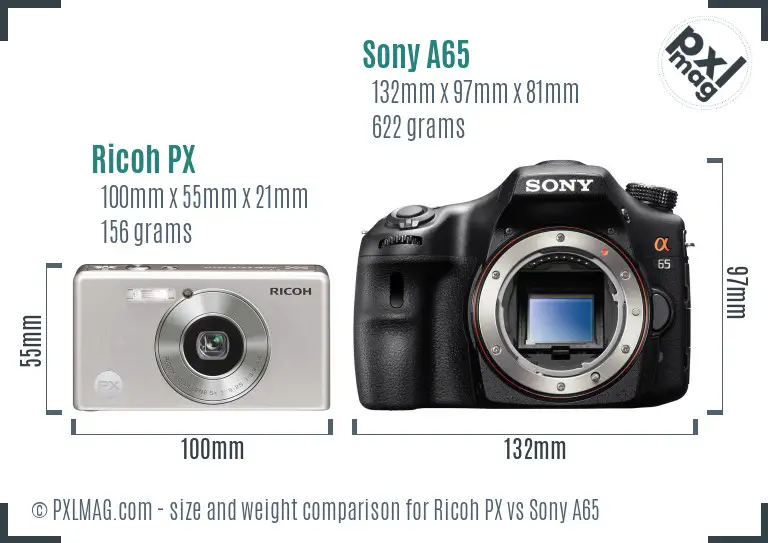 Ricoh PX vs Sony A65 size comparison