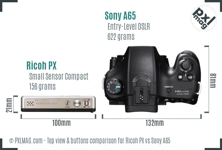 Ricoh PX vs Sony A65 top view buttons comparison