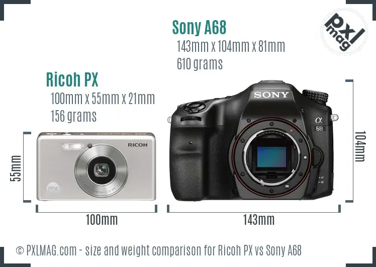 Ricoh PX vs Sony A68 size comparison