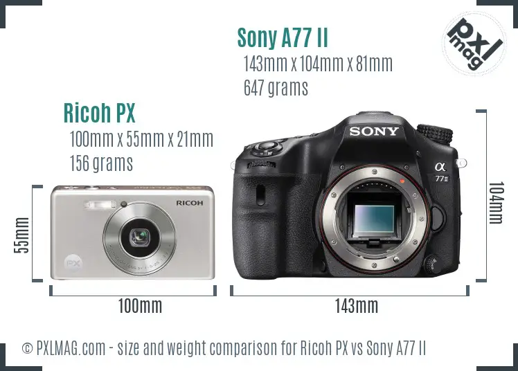 Ricoh PX vs Sony A77 II size comparison