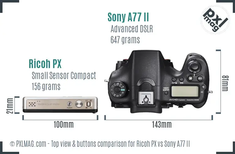 Ricoh PX vs Sony A77 II top view buttons comparison