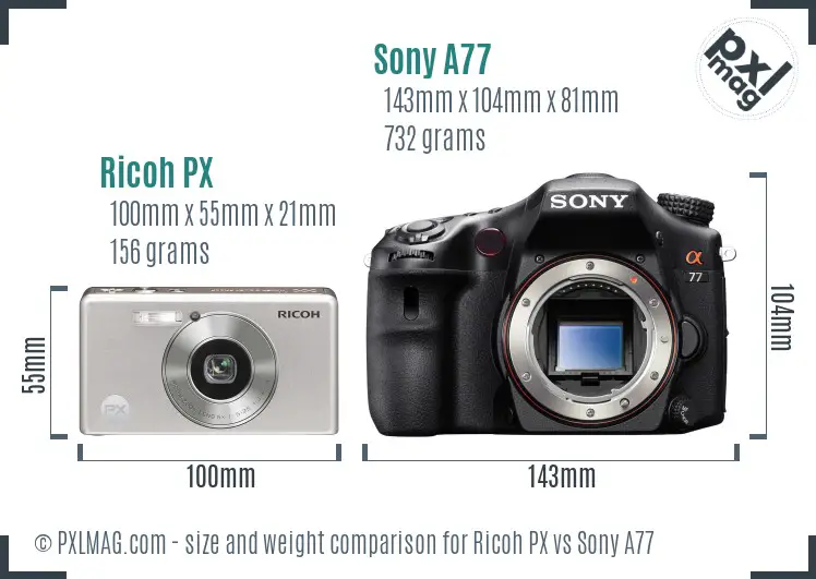 Ricoh PX vs Sony A77 size comparison
