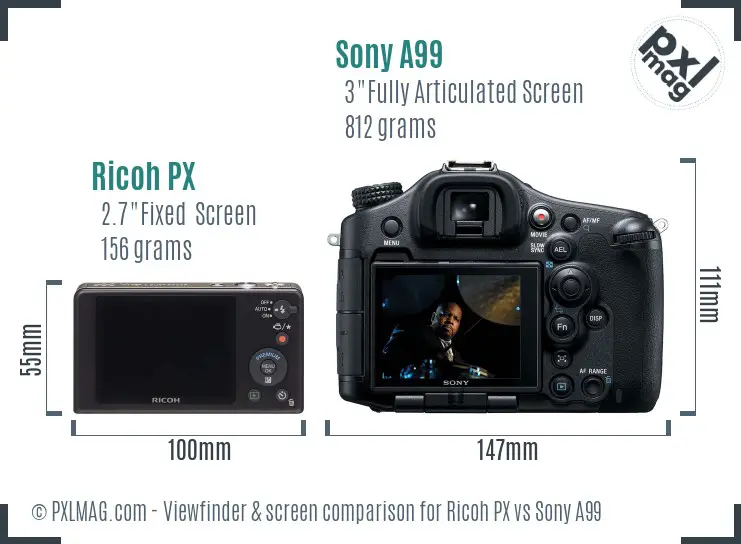 Ricoh PX vs Sony A99 Screen and Viewfinder comparison