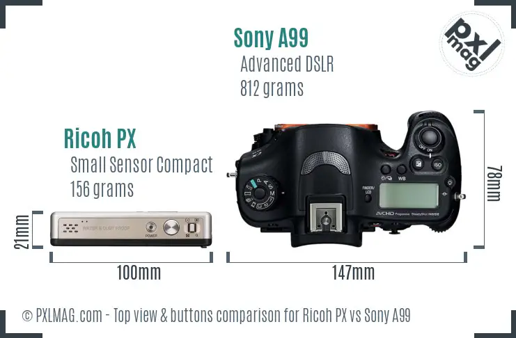 Ricoh PX vs Sony A99 top view buttons comparison