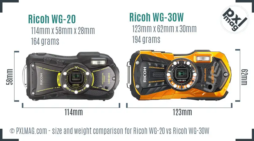 Ricoh WG-20 vs Ricoh WG-30W size comparison