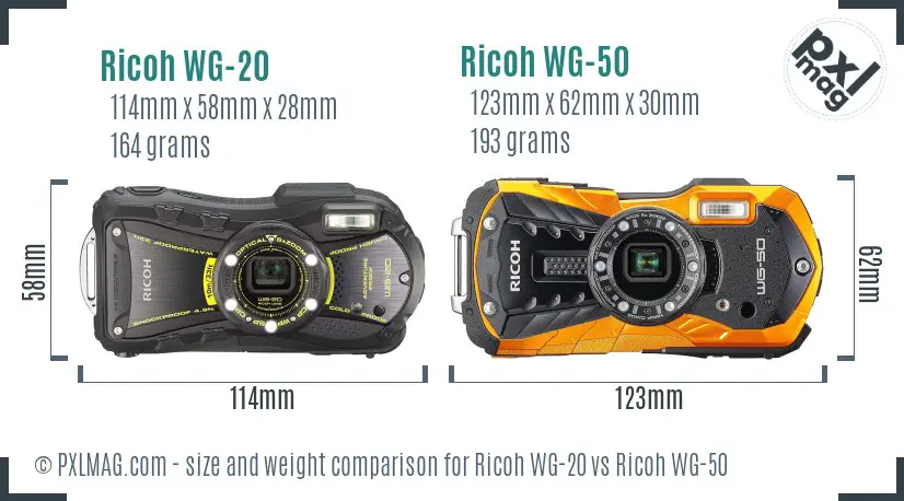 Ricoh WG-20 vs Ricoh WG-50 size comparison