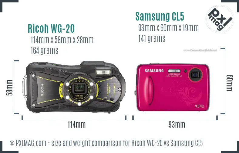 Ricoh WG-20 vs Samsung CL5 size comparison