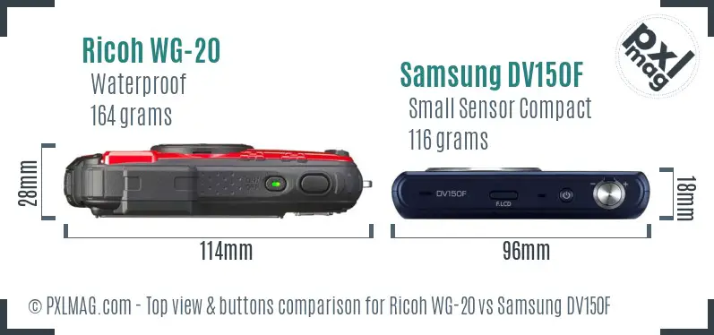 Ricoh WG-20 vs Samsung DV150F top view buttons comparison